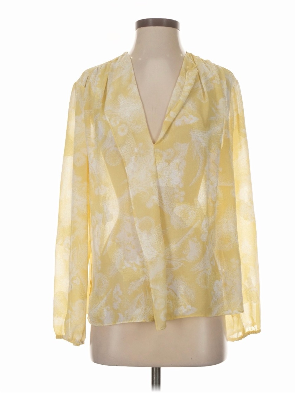 Vince. Yellow and White Floral V-Neck Long Sleeve Sheer Blouse